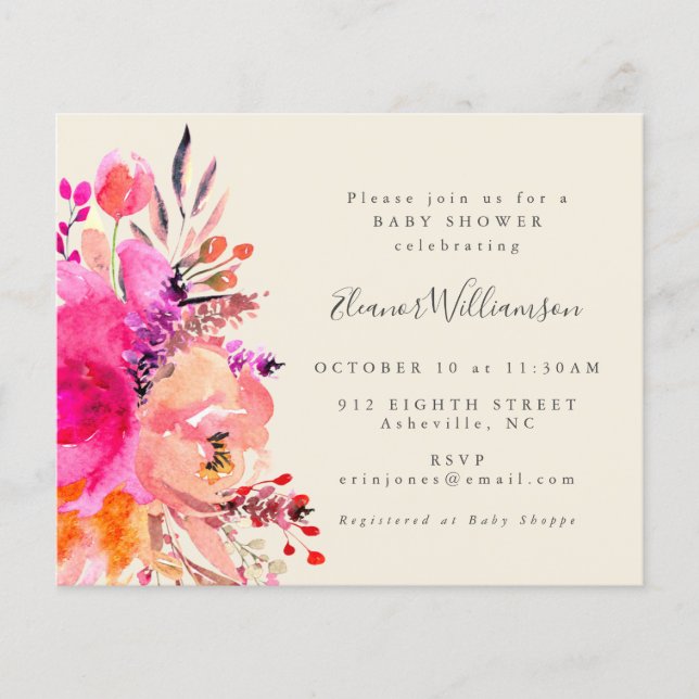 Budget Cute Bright Pink Floral Simple Baby Shower (Front)