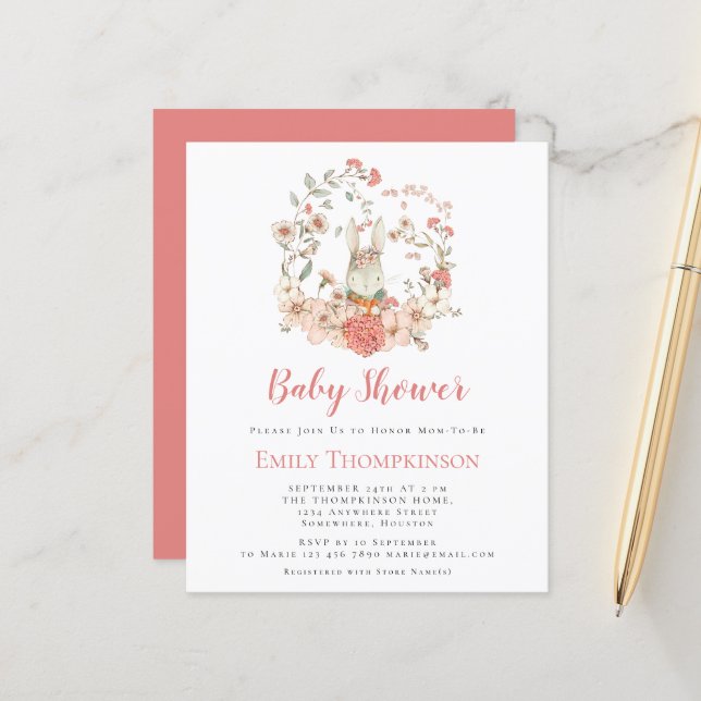 Budget Cute Bunny Coral Girl Baby Shower Invite (Front/Back In Situ)