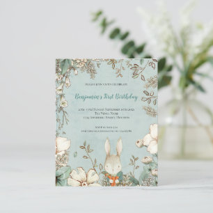 Budget Cute Bunny Foliage 1st Birthday Boy Invite