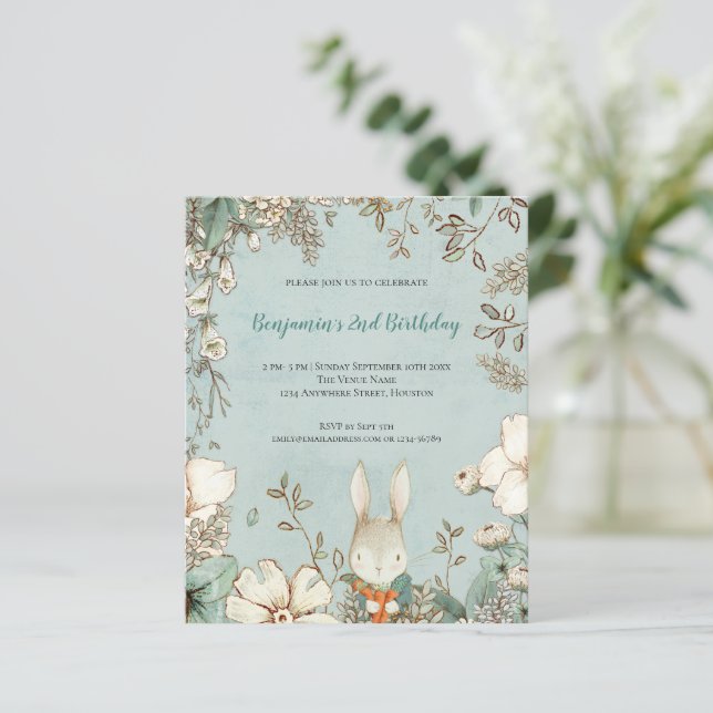 Budget Cute Bunny Foliage 2nd Birthday Boy Invite (Standing Front)