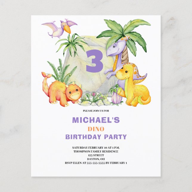 Budget Cute Dinosaur 3rd Birthday Invitation Flyer (Front)