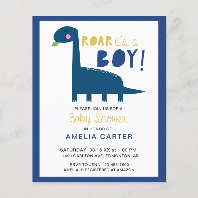 Budget Cute Dinosaur baby shower Boy Blue Modern (Front)
