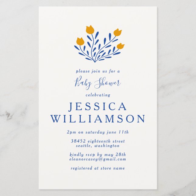 Budget Cute Flowers Blue Yellow Baby Shower Invite (Front)