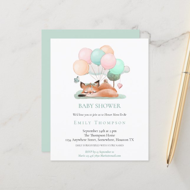 Budget Cute Fox Teal Baby Shower Invitation (Front/Back In Situ)