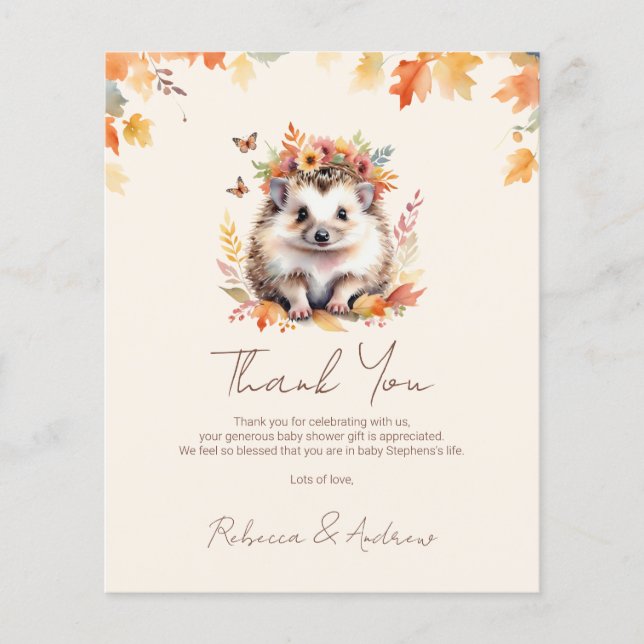 Budget Cute Hedgehog Fall Baby Shower Thank You  (Front)
