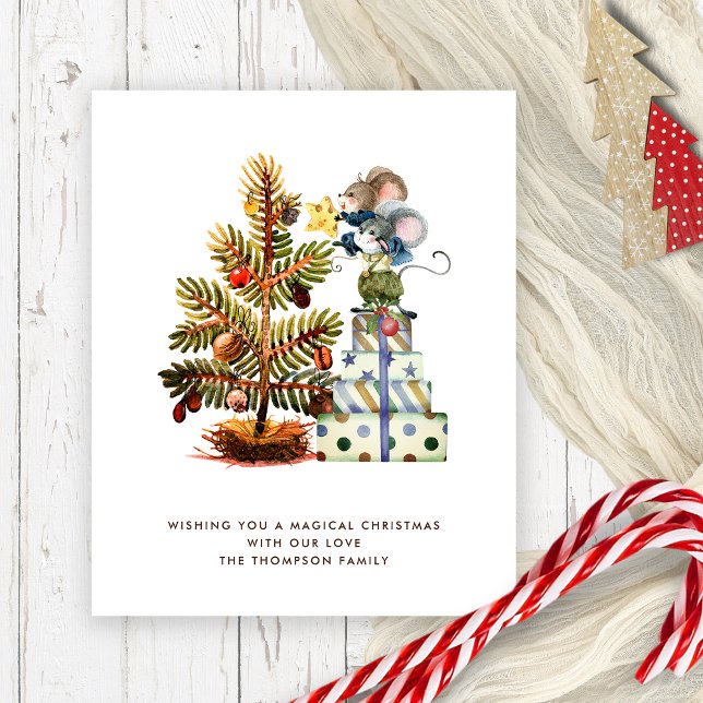 Budget Cute Mice Christmas Tree Holiday Card (Budget price smaller 4.5 x 5.6" humorous cute mice Christmas Card)