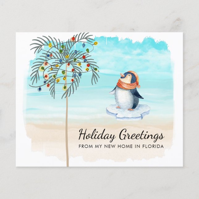Budget Cute Penguin on Beach Holiday Moving Card (Front)