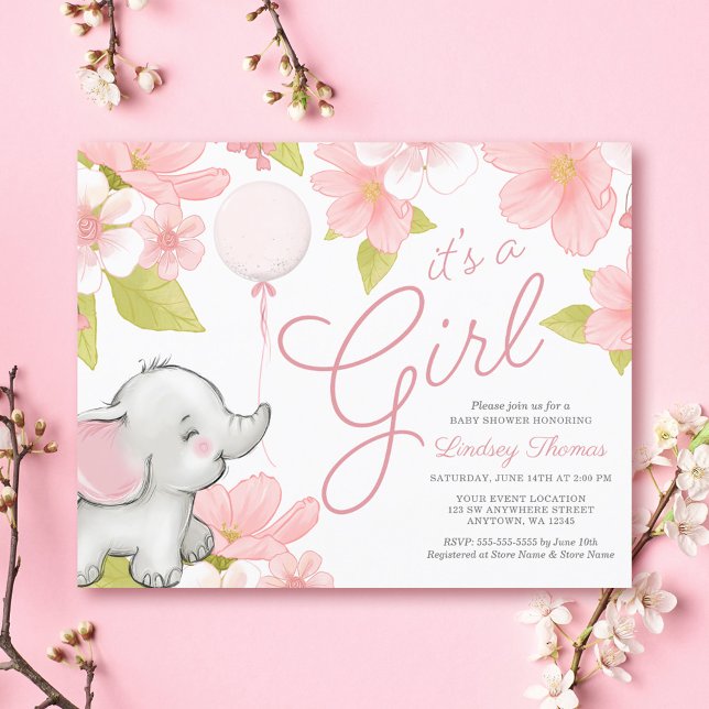 Budget Cute Pink Floral Elephant Girl Baby Shower (Creator Uploaded)