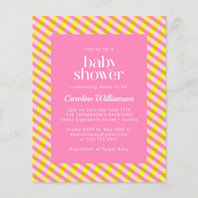 Budget Cute Pink Yellow Plaid Pattern Baby Shower (Front)