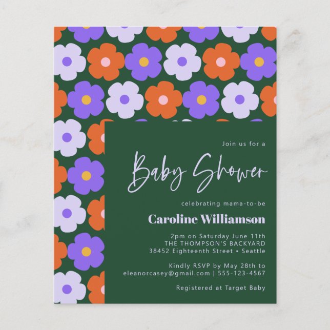 Budget Cute Retro Flower Purple Green Baby Shower (Front)