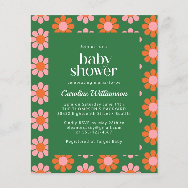 Budget Cute Retro Flowers Green Pink Baby Shower (Front)