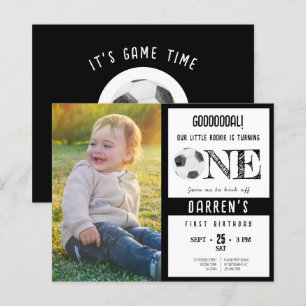 Budget Cute Soccer Photo Black 1st Birthday Invite