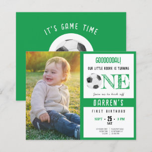 Budget Cute Soccer Photo Green 1st Birthday Invite