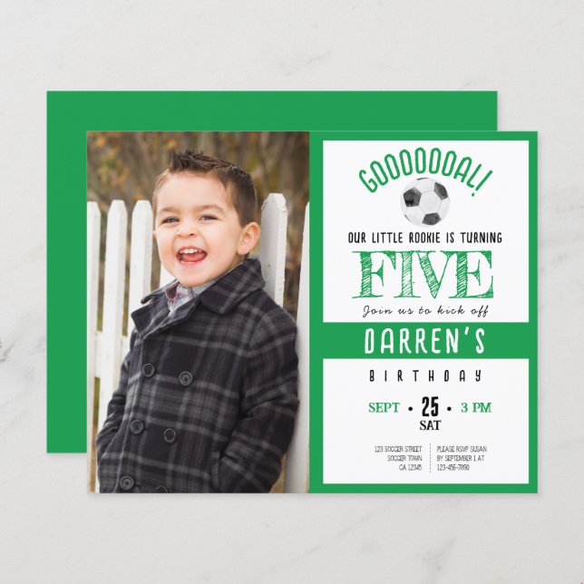 Budget Cute Soccer Photo Green Birthday Invitation (Front/Back)