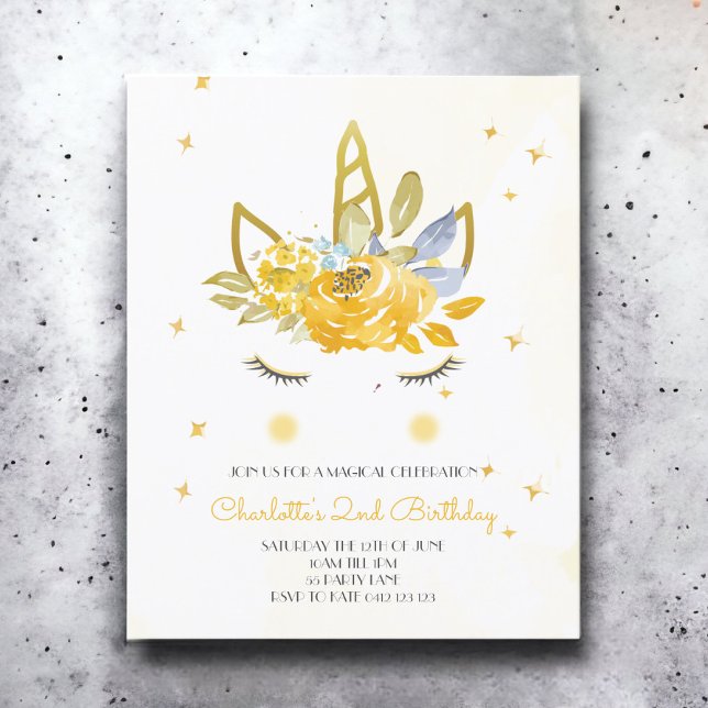 BUDGET Cute Watercolour Unicorn Yellow Invitation (Creator Uploaded)