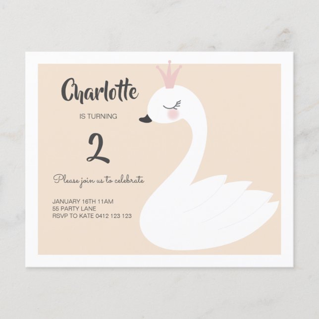 BUDGET Cute White Swan Birthday Invitation (Front)