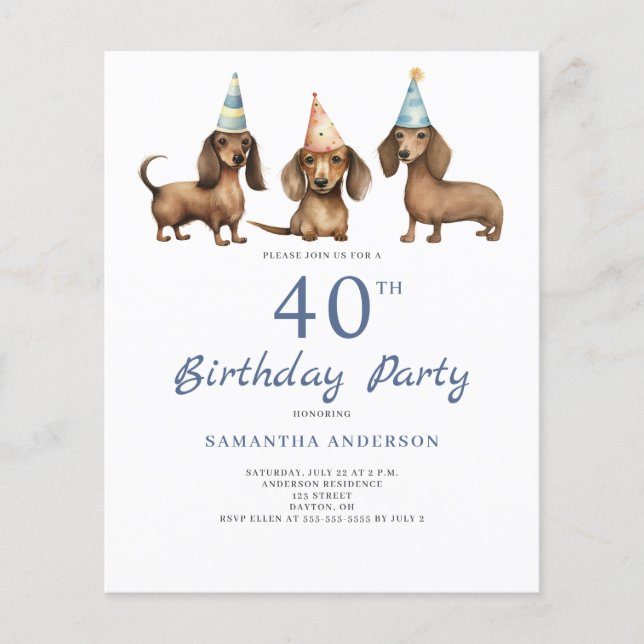 Budget Dachshund Dog 40th Birthday Invitation (Front)