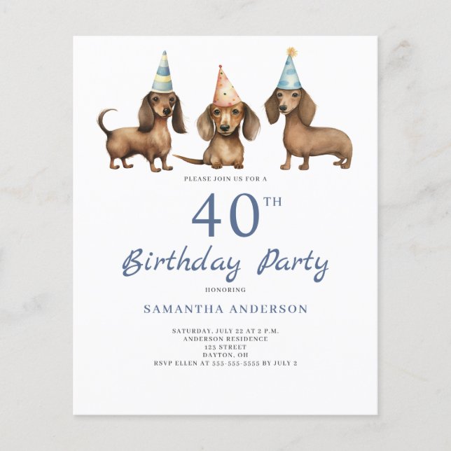 Budget Dachshund Dog 40th Birthday Invitation Flyer (Front)