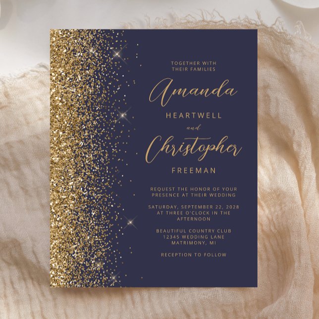 Budget Dark Blue Gold Elegant Wedding Invitation (Creator Uploaded)