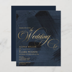 BUDGET Dark Blue, Gold Painterly Wedding Invitatio
