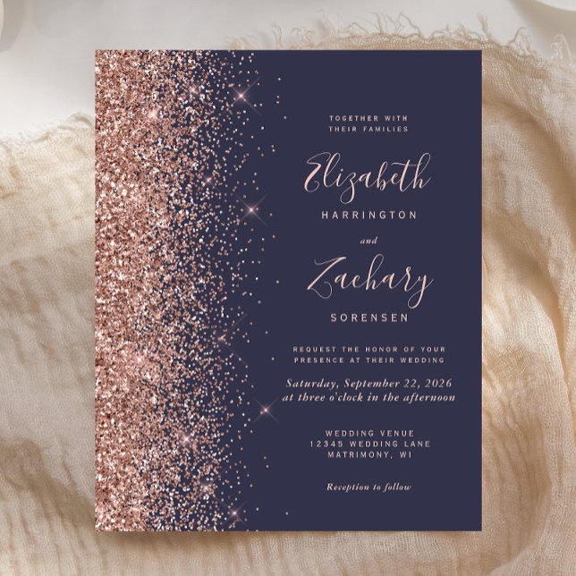 Budget Dark Blue Rose Gold Glitter Wedding Invite (Creator Uploaded)