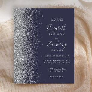 Budget Dark Blue Silver Glitter Wedding Invitation
