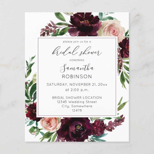 Budget Dark Burgundy & Pink Floral Bridal Shower S Flyer (Front)
