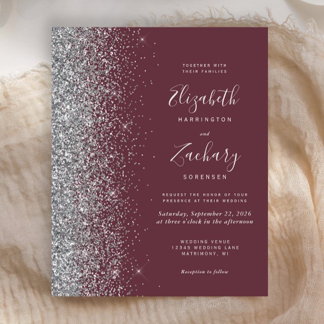 Budget Dark Burgundy Silver Glitter Wedding Invite (Creator Uploaded)
