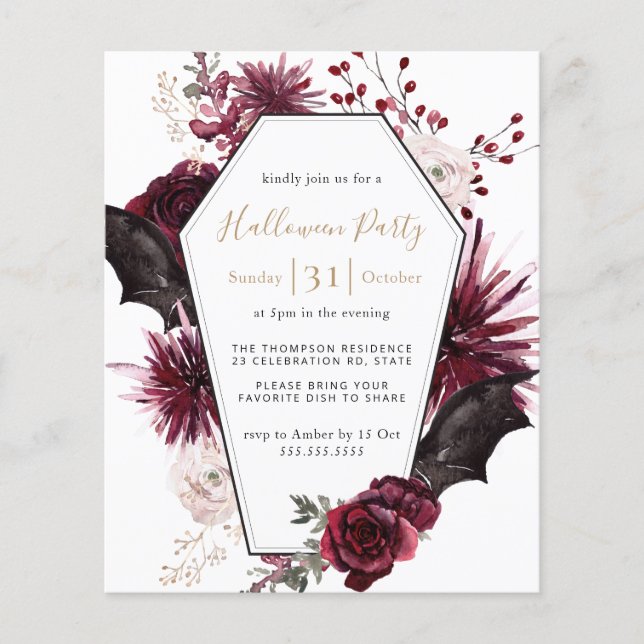 Budget Dark Floral Burgundy Halloween Party Invite (Front)