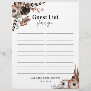 Budget Dark Florals Bridal Shower Guest Sheet