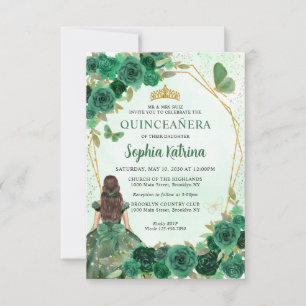 Budget Dark Green Gold Floral Princess Quinceañera Card