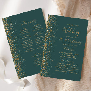 Budget Dark Green Gold Glitter Wedding Program