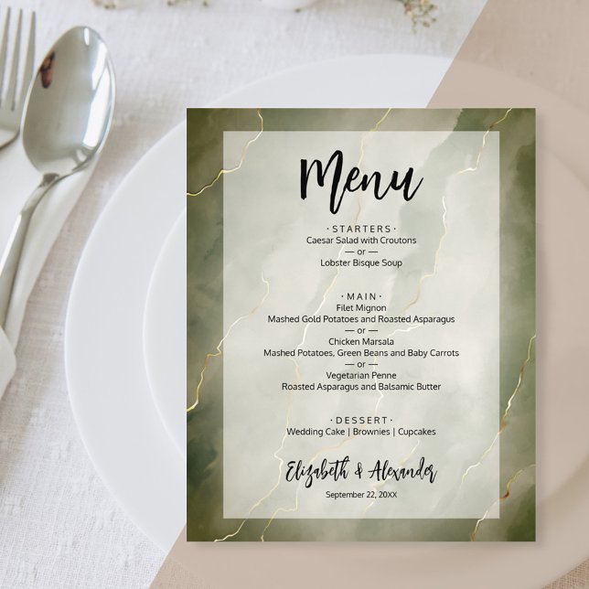 Budget Dark Green Gold Marble Wedding Menu (Creator Uploaded)