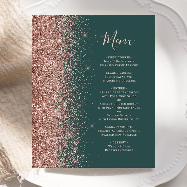 Budget Dark Green Rose Gold Glitter Wedding Menu (Creator Uploaded)