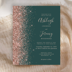 Budget Dark Green Rose Gold Wedding Invitation