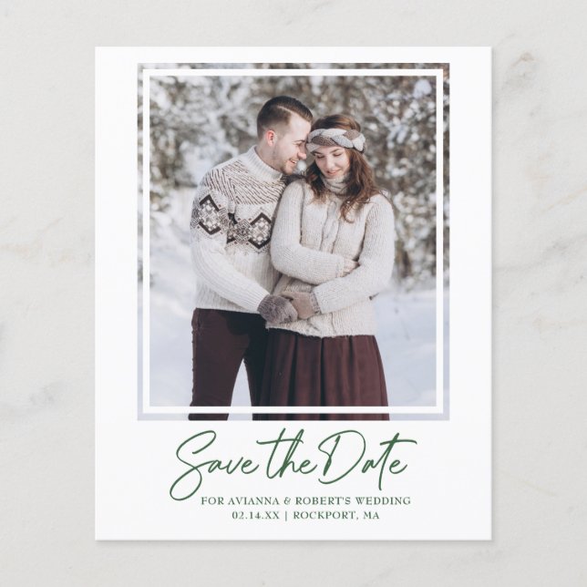 Budget Dark Green Text Photo Save the Date (Front)