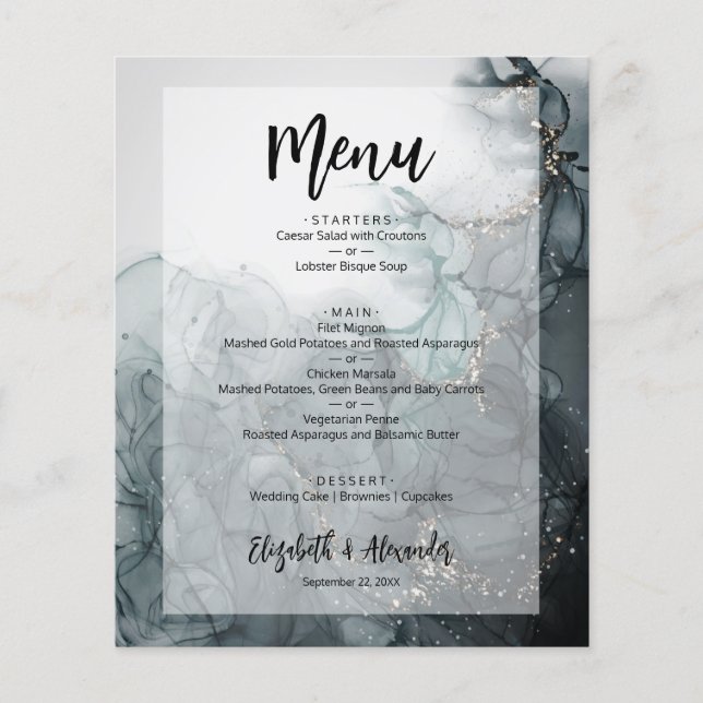Budget Dark Marble Wedding Menu Flyer (Front)