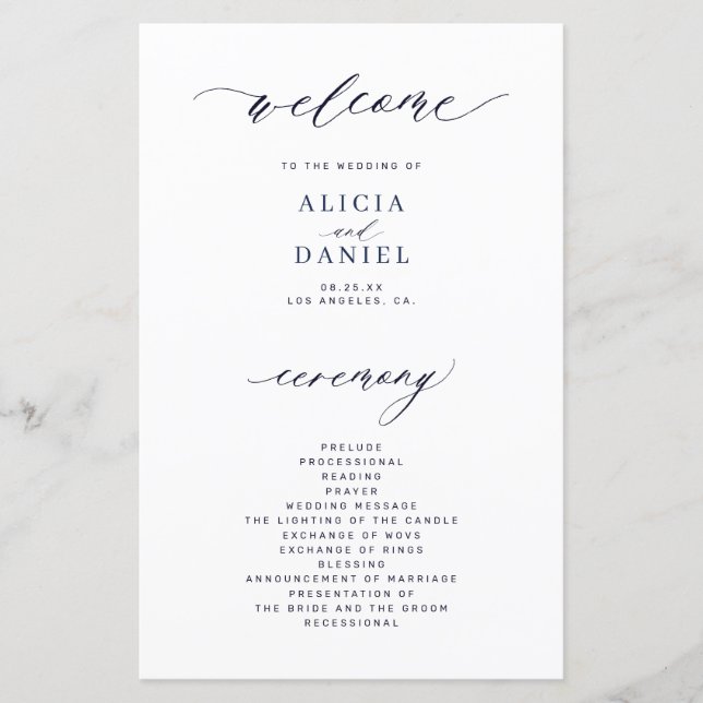 Budget dark navy and white elegant wedding program (Front)