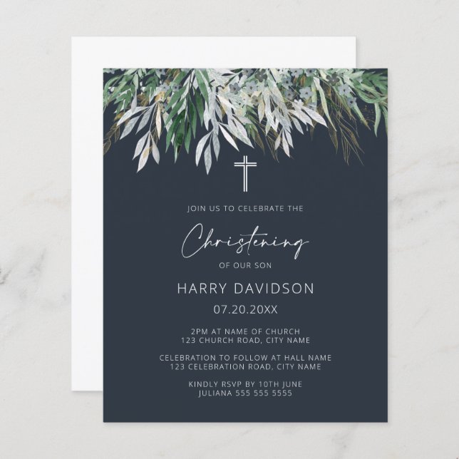 Budget Dark Navy Blue Green Leaves Baptism Invite (Front/Back)