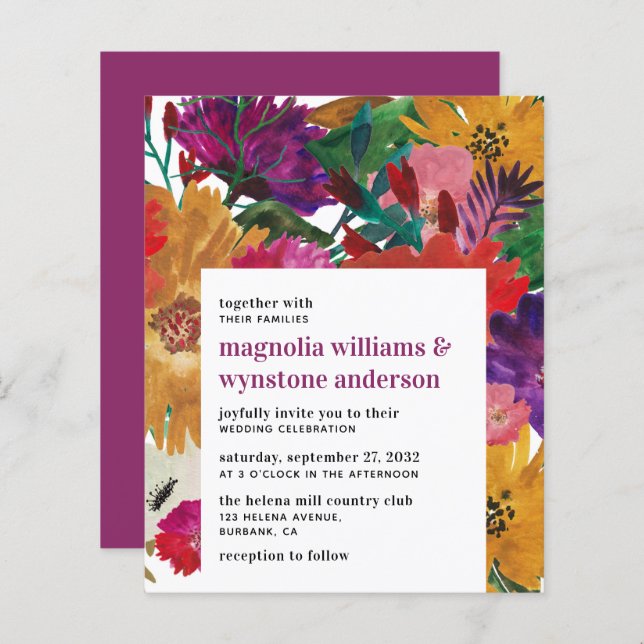 BUDGET Dark Pink Bold Floral Wedding Invitation (Front/Back)