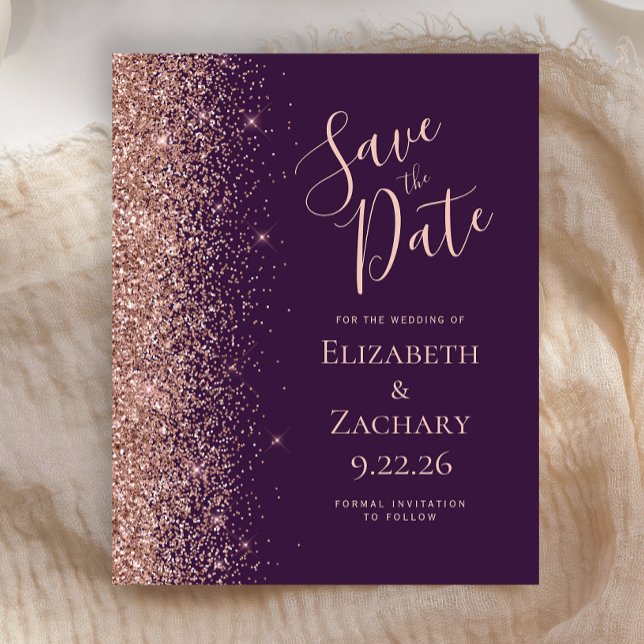 Budget Dark Purple Rose Gold Glitter Save the Date (Creator Uploaded)