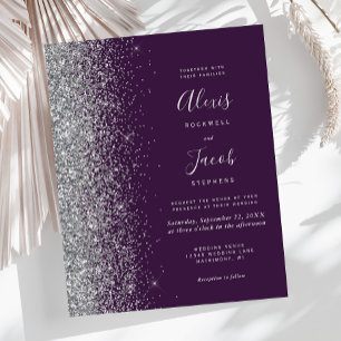 Budget Dark Purple Silver Glitter Wedding Invite