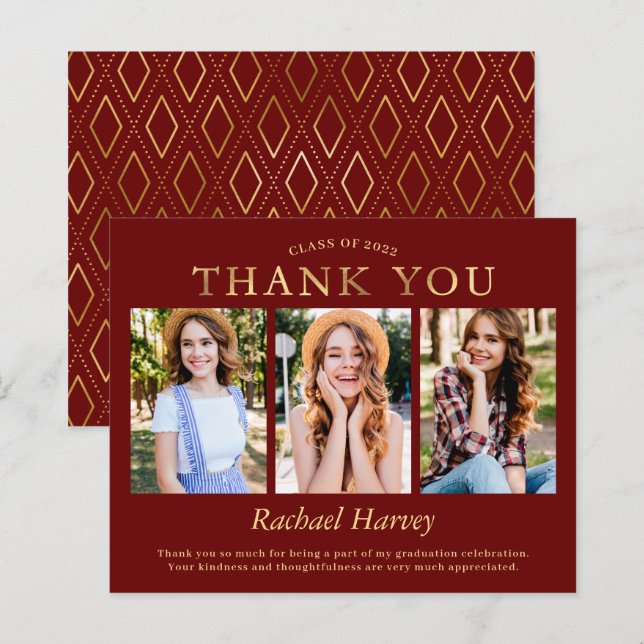 Budget Dark Red Gold 3 Photo Graduation Thank You (Front/Back)