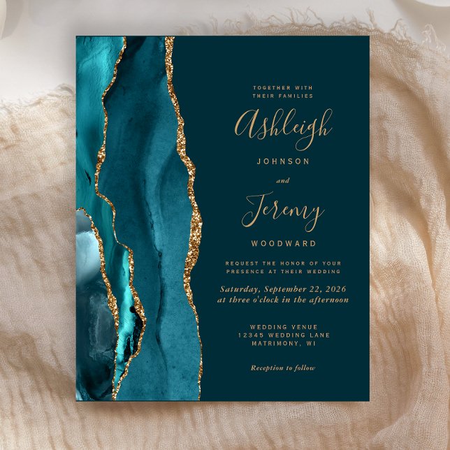 Budget Dark Teal Gold Agate Wedding Invitation (Creator Uploaded)