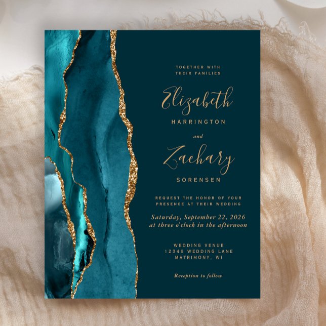 Budget Dark Teal Gold Agate Wedding Invitation (Creator Uploaded)