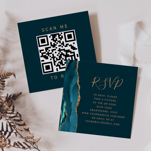 Budget Dark Teal Gold Agate Wedding QR Code RSVP Enclosure Card (Creator Uploaded)