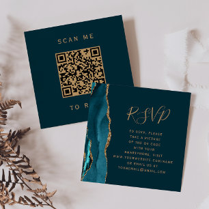 Budget Dark Teal Gold Agate Wedding QR Code RSVP Enclosure Card
