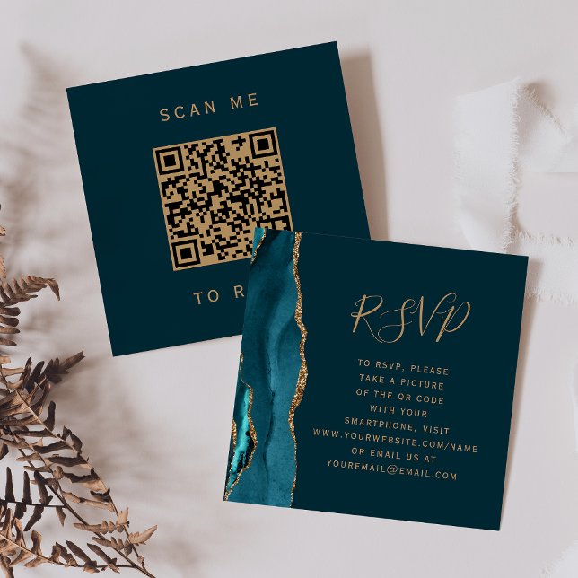 Budget Dark Teal Gold Agate Wedding QR Code RSVP Enclosure Card (Creator Uploaded)