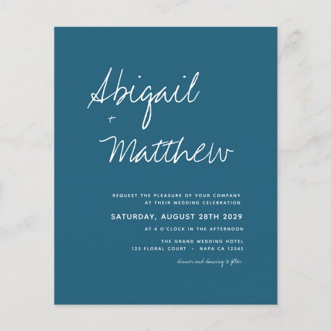 Budget Dark Teal Minimalist  Wedding Invitation Fl Flyer (Front)