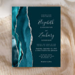 Budget Dark Teal Silver Agate Wedding Invitation<br><div class="desc">The left-hand edge of this elegant modern wedding invitation features a teal blue watercolor agate border trimmed with faux silver glitter. The customisable text combines handwriting,  copperplate and italic fonts in silver grey on a dark teal background. The reverse side features a matching teal and silver agate design.</div>